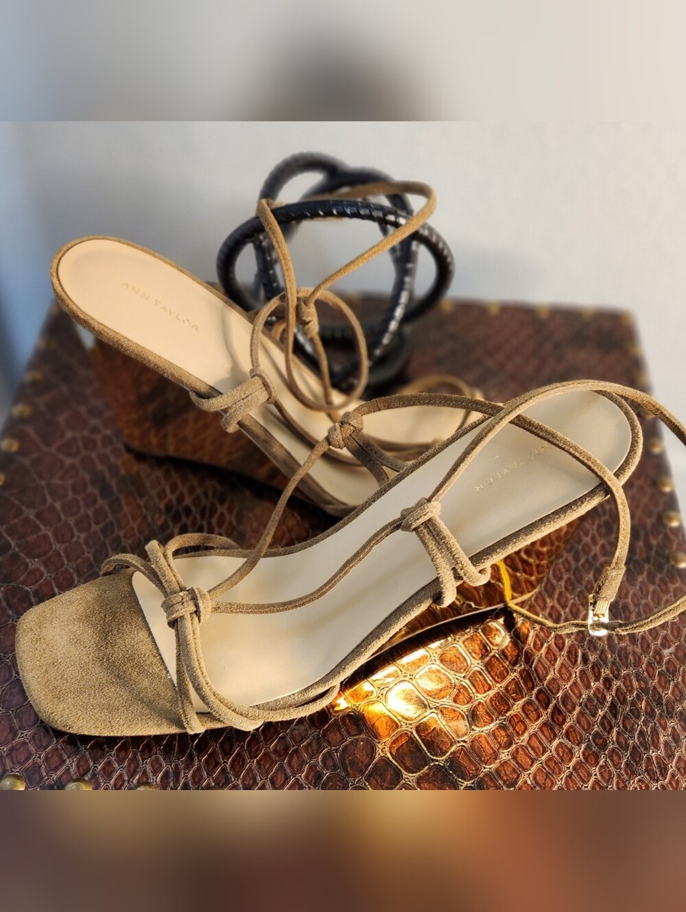 Ann Taylor Suede Lace-Up Strappy Heeled Sandals in Dominican Sand